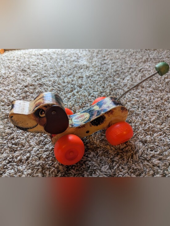 Fisher-Price Other - Fisher-Price Wooden Pull Dog Toy with Bright Orange Wheels (Pull String Missing)